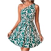 SweatyRocks Women's One Shoulder Floral Print Dresses Sleeveless Vacation Boho Mini Dress with Belt