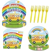 LADVCORP 96Pcs Cartoon Melon Birthday Party Supplies School Bus Plates and Napkins Rainbow Watermelon Tableware Set for Boys and Girls Birthday Baby Shower Party Supplies Serves 24