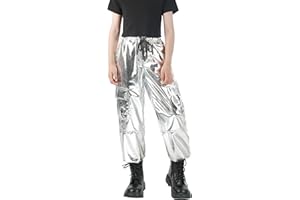 Nawgut Sequin Cargo Pants Metallic High Waisted Multi-Pocket Shiny Joggers Hip Hop Dance Pants for Girls