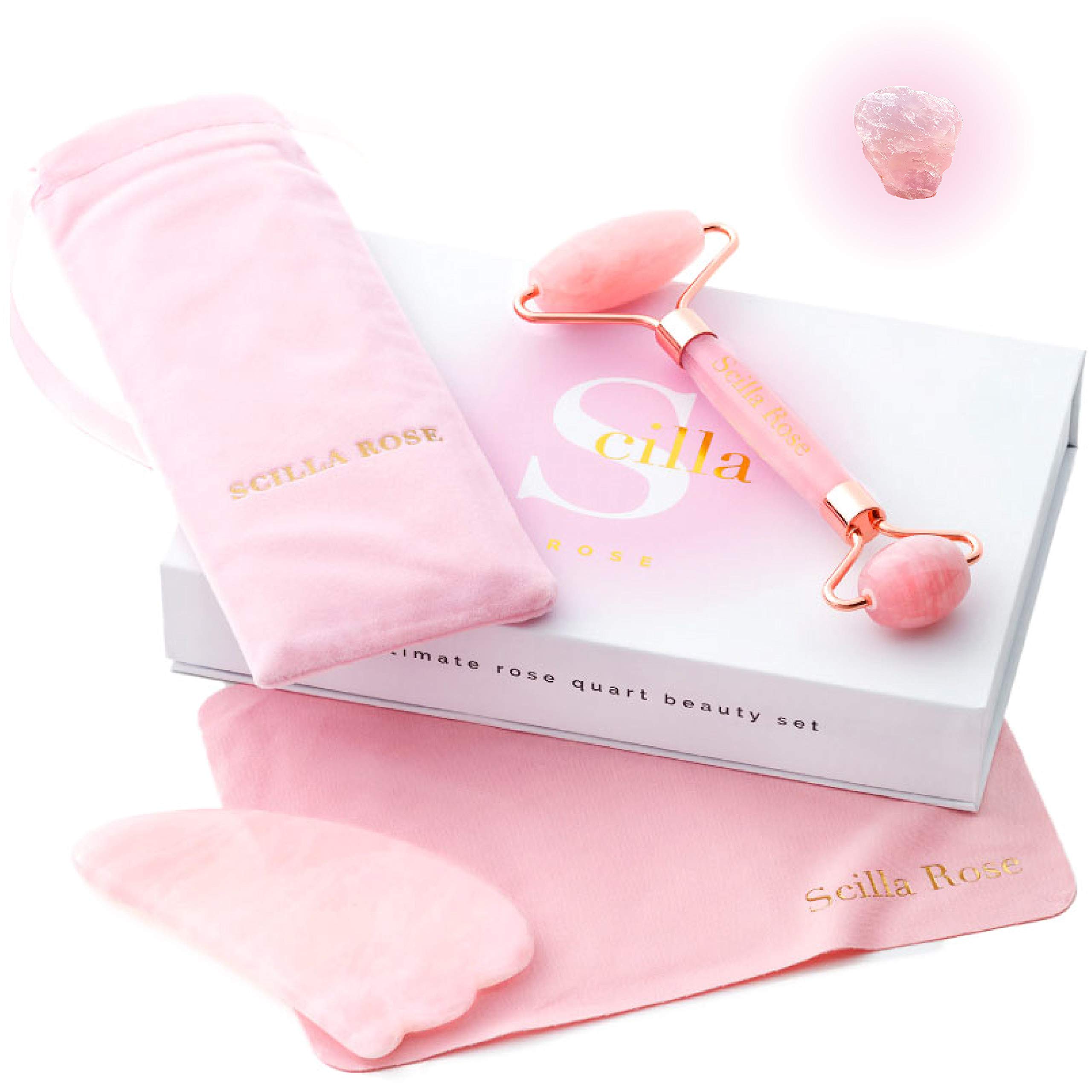 Scilla Rose - Jade Roller - Rose Quartz Roller and Gua Sha Gift Set Box for Her- Pink Jade Roller and Guasha Face Massager- Superior, Anti-Ageing Facial Massage Skincare Tools - Gifts for Women