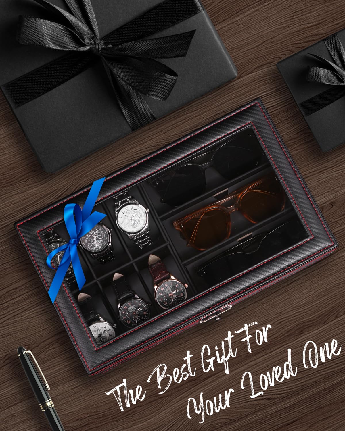 Jenseits Jenseits Watch Box for Mens Jewelry Box, 6 Slot Watch Case & 3 Slot Sunglasses Organizer, Lockable PU Leather Jewelry Organizer Watch Display Storage W/Drawer For Rings Bracelets, Gift for Men Women