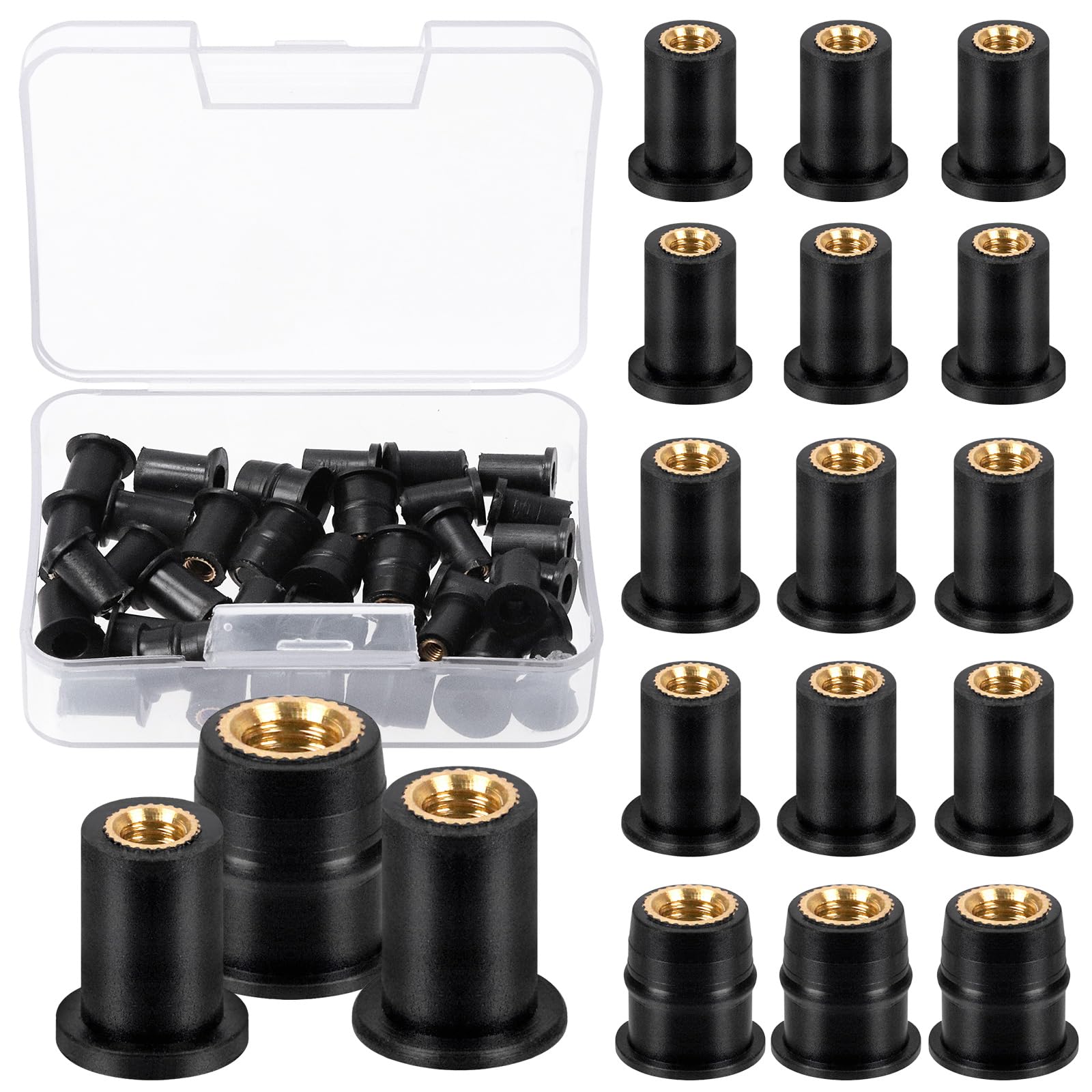 Glarks 37pcs M4 M5 M6 Black Rubber Well Nuts Set - Expansion Brass Nuts for Windshield, Fairing, Windscreen - Suitable for Canoe, Boat, Kayak