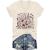 Womens V-Neck T-Shirt Flower Graphic Tees Summer Fashion Boho Tops Tshirts Loose Casual Wildflower Beach T Shirts