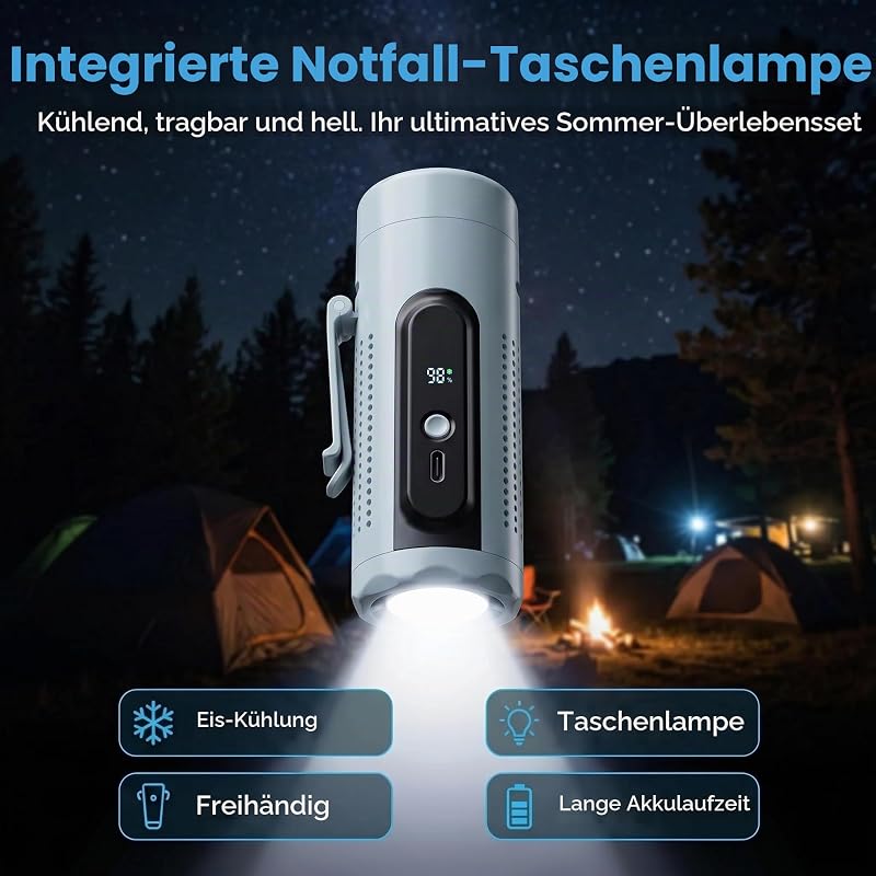 Handventilator mit Kühlpad, 3 in 1 Mini Ventilator Leise Akku USB, 5 Stufen Tragbarer Clip Tischventilator mit LED Display Taschenlampe für Reise Büro Outdoor Camping (Blau) — Foto 8 von 8