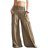 WDIRARA Women's High Waist Smocked Palazzo Pants Flowy Lounge Wide Leg Pants