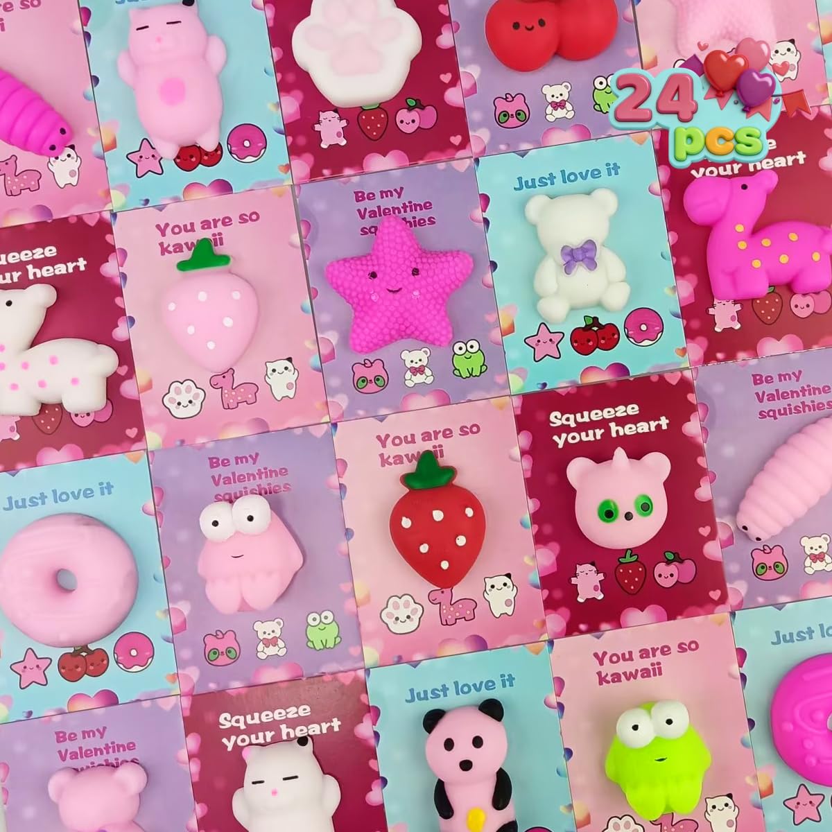 Jofan 24 PCS Valentines Cards with Mochi Squishy Toys Squishies for Kids Valentines Day School Class Classroom Gifts Prizes Party Favors