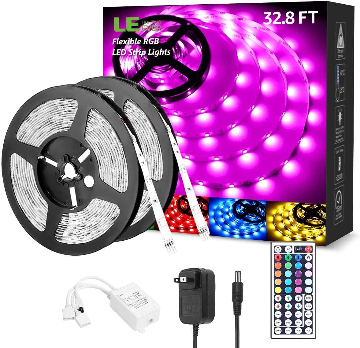 LE LED Strip Lights Kit, 32.8ft Dimmable RGB LED Light Strips, Color
