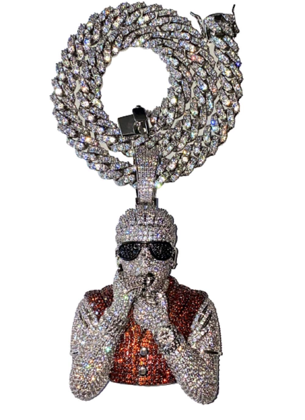 Smoking Guy Iced Miami Cuban Chain Necklace Choker Chain 12mm 20 inches long, 14k White Gold Finish 