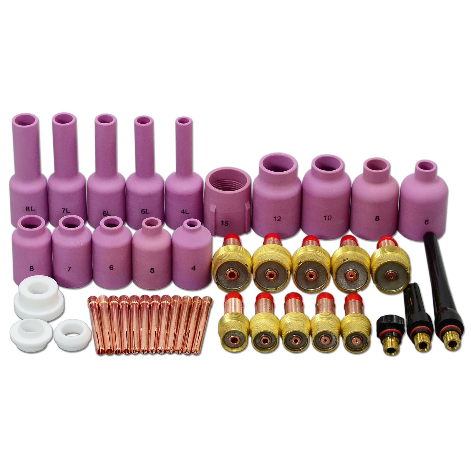RIVERWELD TIG Gas Lens Collet Bodies 10N 45V Jumbo Large Diameter Long Alumina Nozzle Ceramic Cups 54N 57N 53N Series Assorted Size Kit Fit QQ300 PTA DB SR WP 17 18 26 TIG Welding Torch 43pcs
