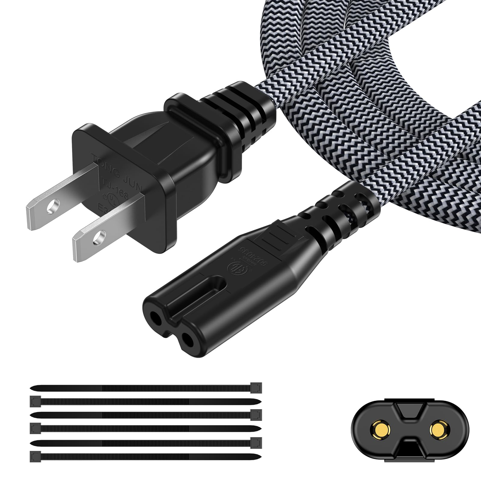 AC Power Cord 10FT (1 Pack), 2 Prong TV Power Cord, Nylon Braid Cable Replacement for Xbox, PS3, PS4, PS5, Compatible for Printer, Monitor, Sound Bar, Game Console