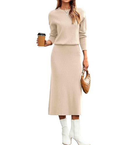Glamaker 2 Piece Skirt Sets for Women 2026 Fall Fashion Striped Casual Sweater Dress Knit Lounge Travel Outfits Winter Cloth(Beige Black S) : Clothing, Shoes & Jewelry