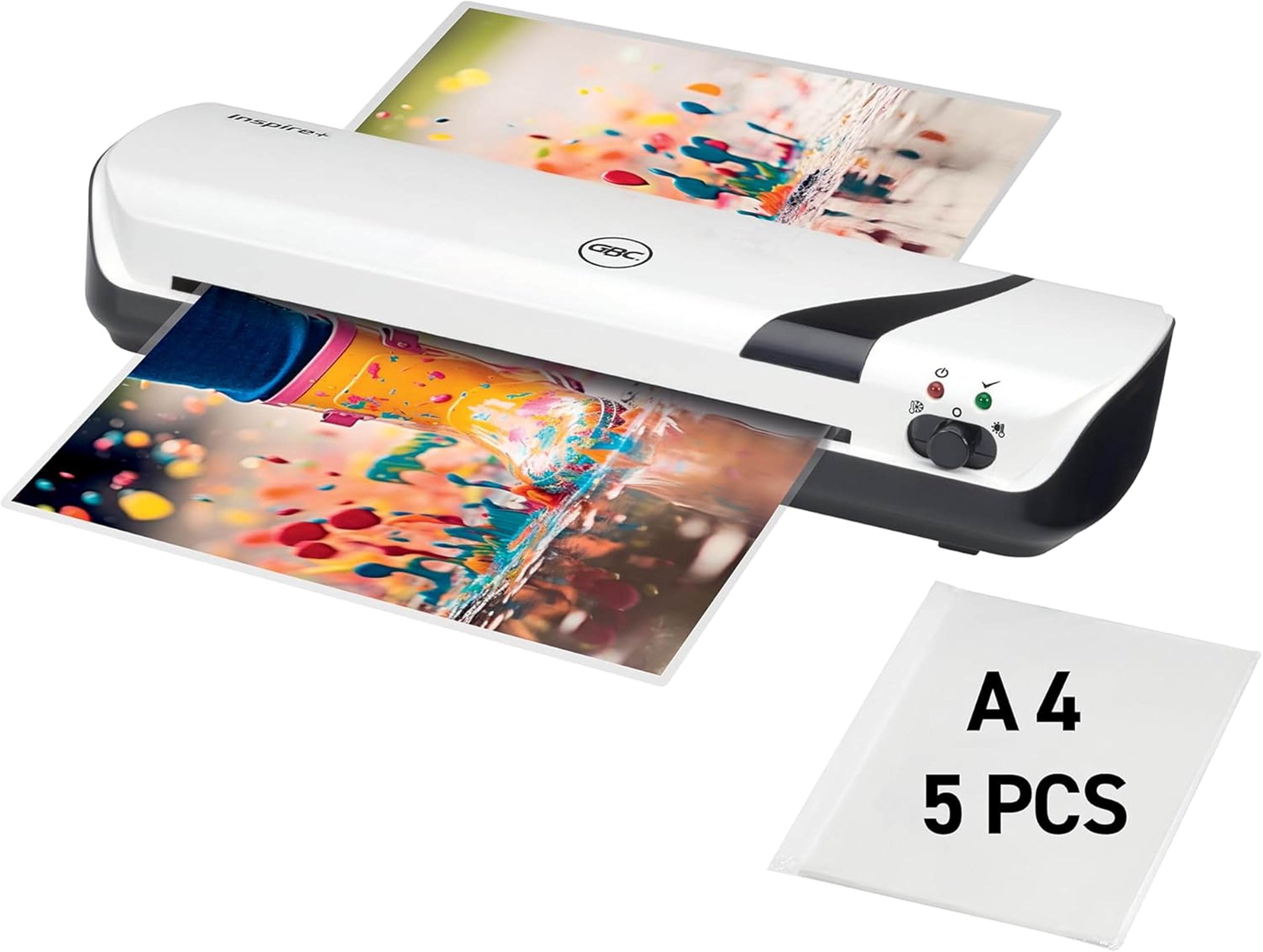 GBC Inspire+ A4 Laminator Machine (White), Hot & Cold, With 5 Laminator Pouches A4, Compact & Stylish Design, with Starter Pack of Pouches, 4 Minute Warm Up