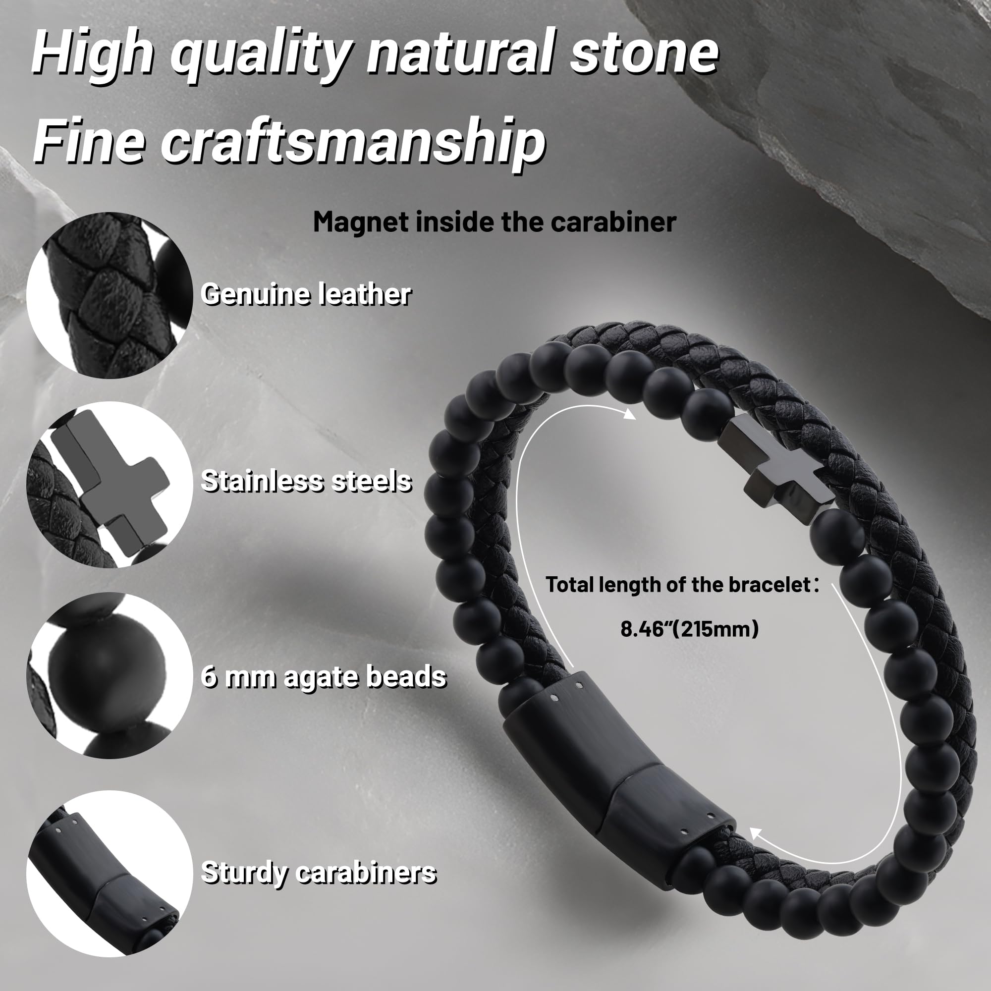 Mens Bracelet,Gifts for Men,Double-Row Black Braided Leather Bracelets for Men,Black Stainless Steel Cross Jewelry With Black Onyx Beads Bracelets,Charm Bracelet,For Dad,Friends,Brother,Sons