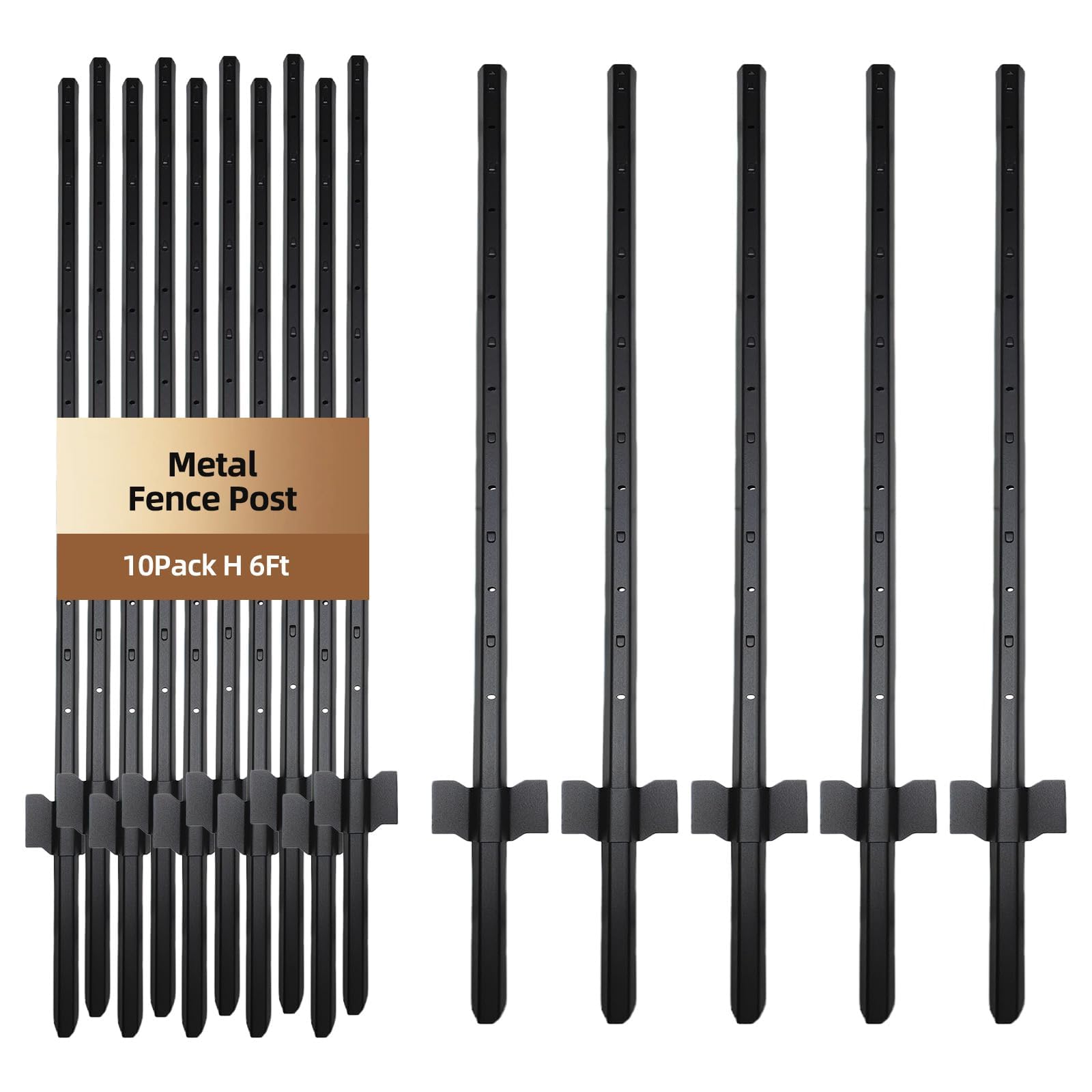 Photo 1 of 10 Pack Metal Fence Post Black Splicing, 6FT Heavy Duty Garden Fence Post for Wire Fence, Fence Posts No Dig U Post for Lawn, Garden, Farm