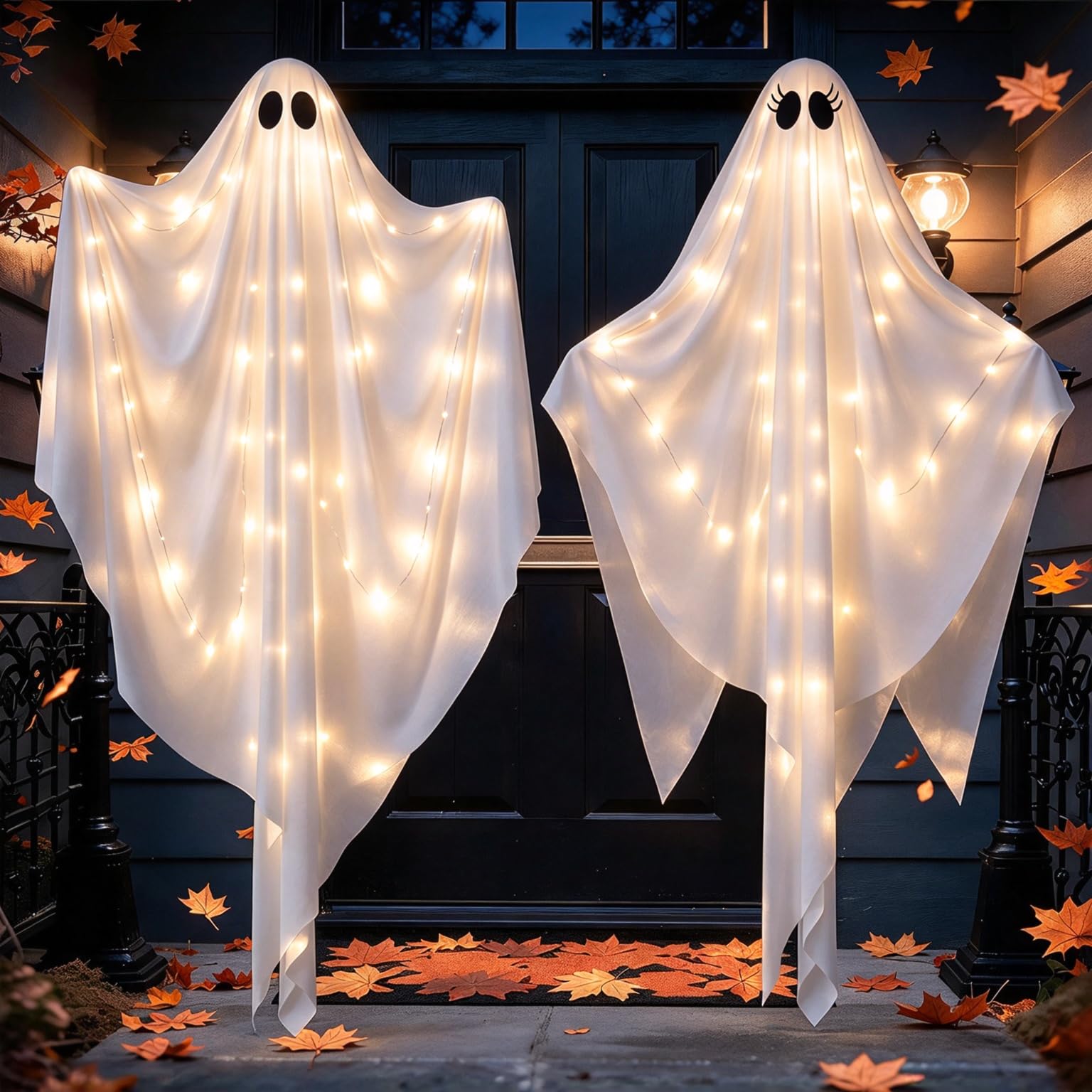 2 Pack 47.25" Light Up Hanging Ghost Halloween Decorations Outdoor Indoor | 8 Lighting Modes, Adjustable Arms, Glowing Hangin