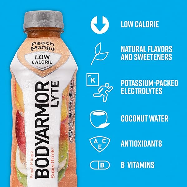 BODYARMOR LYTE, PEACH MANGO, ELECTROLYTE DRINK, 15 CALORIES, 12 FL OZ BOTTLES (8 PACK), COCONUT WATER SPORTS DRINK, NATURAL FLAVOR & B VITAMINS
