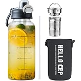 Aurfedes 35oz Glass Water Bottles with Time Marker & Straw, BPA-Free Leakproof Glass Drinking Bottles with Protective Sleeve & Tea Infuser for Office Travel Sport (1PCS)