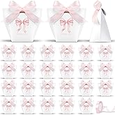 Equsion 50 Pcs Small Pink Bow Paper Gift Bags with Ribbon 2.36 x 2.36 x 3.94 Inches Mini Coquette Bow Thank You Candy Treat Bags for Wedding Birthday Baby Shower Valentines Day Party Supplies