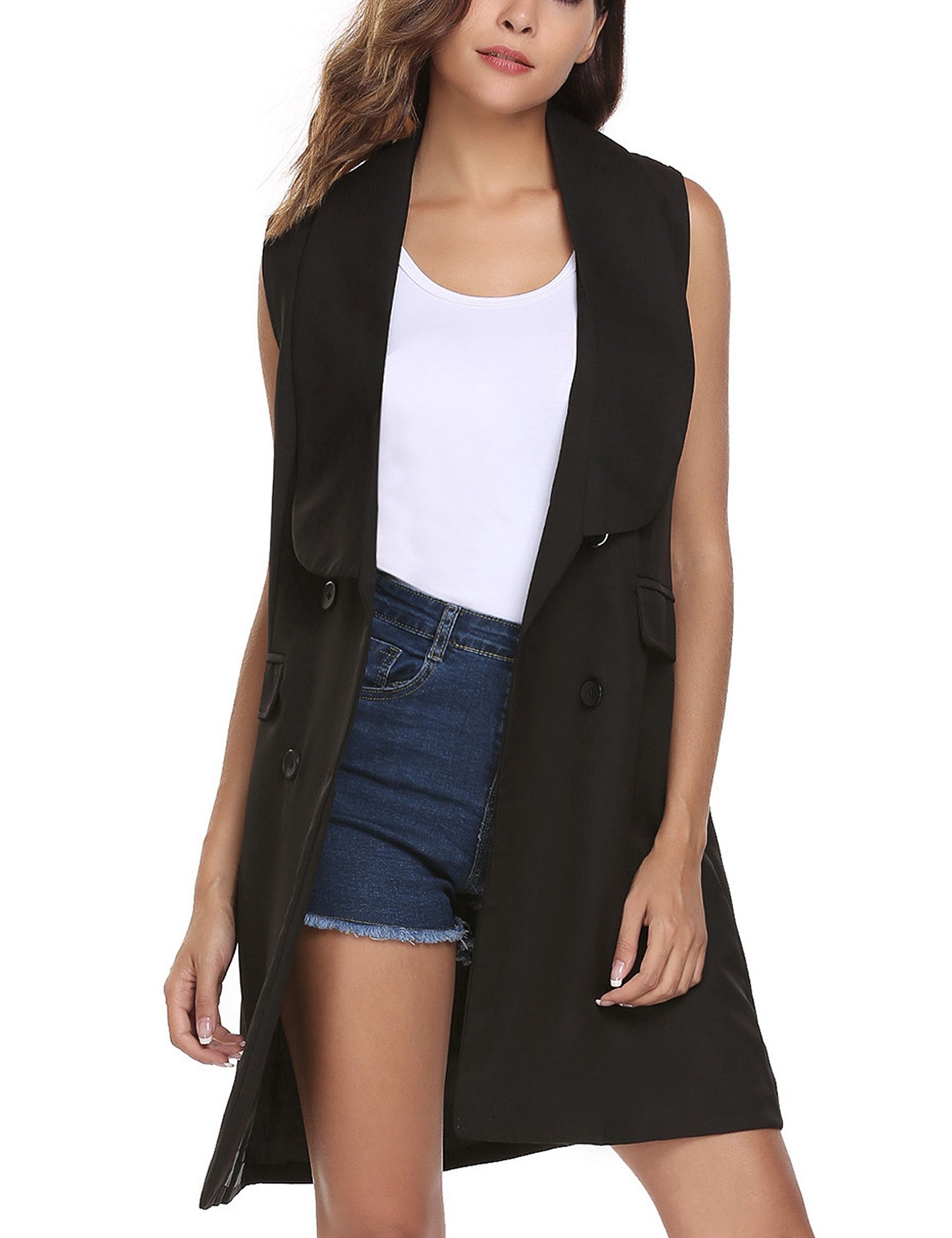 Zeagoo Women Casual Sleeveless Solid Vest Trench Coat With Pockets Long Suit Coat Waistcoat Black/L