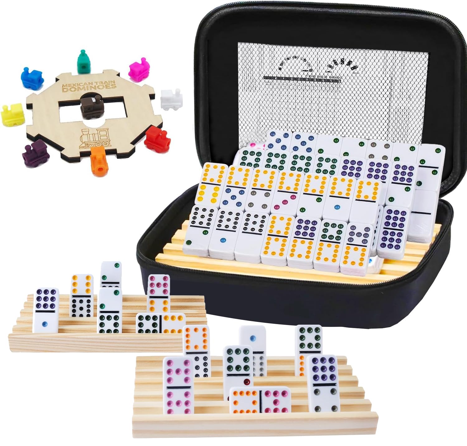 Photo 1 of ESSAJOY Mexican Train Dominoes Set with Numbers and 4 Wooden Trays/Racks, Double 12 Dominos Travel Set with 4 Tiles Holders, 91 Tiles Double 12 (Mexican Train Dominoes Set with 4 Racks)