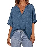 MASCOMODA Oversized T Shirts for Women V Neck Short Sleeve Casual Tops Summer Trendy Basic Tunic Loose Fit Tee Shirt(Dark Grey Blue,X-Large)