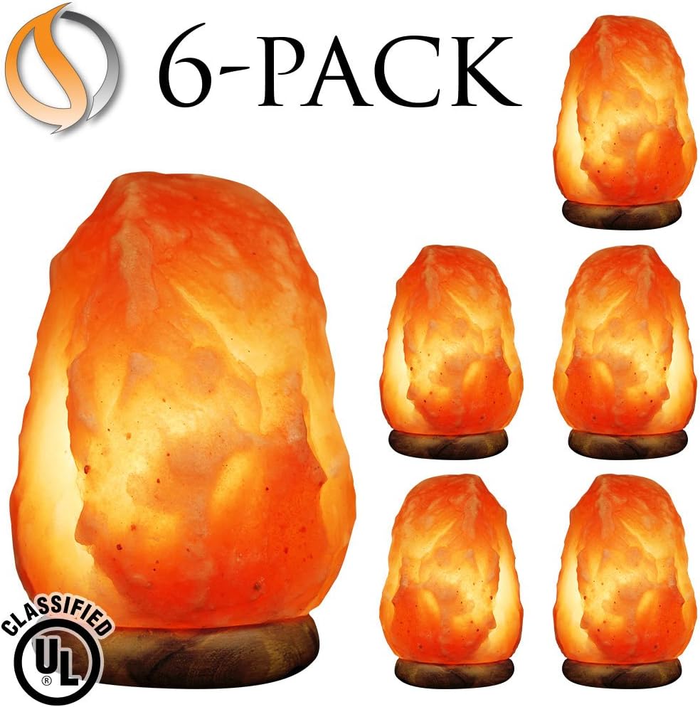 SpiritualQuest Salt Lamp Pack, 6 Natural Tibetan Crystals, Medium 7-8” / 5-7 lbs, with Sturdy Rose Wood Base, 15-Watt Light Bulb and Mood-Setting Dimmable and UL Approved Chord