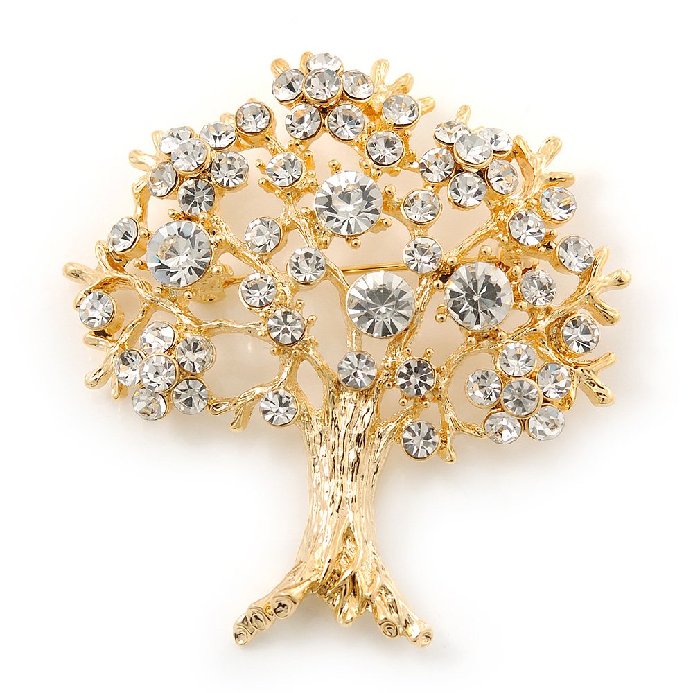 Clear Crystal 'Tree Of Life' Brooch In Gold Plating - 52mm Length