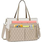 RAINSMORE Laptop Bag for Women 15.6" Teacher Tote Work Bag with Insulated Pockets, Professional Nurse Bag Laptop Briefcase Large Handbag for Office College Nursing, Apricot-White