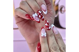 KSTBJN Valentine's Day Red Press on Nails French Tip Fake Nails with Heart Bow Designs Medium Almond Glue on Nails Cute Acrylic False Nails Glossy Full Cover Artificial Nails Valentines Stick on Nails 24Pcs