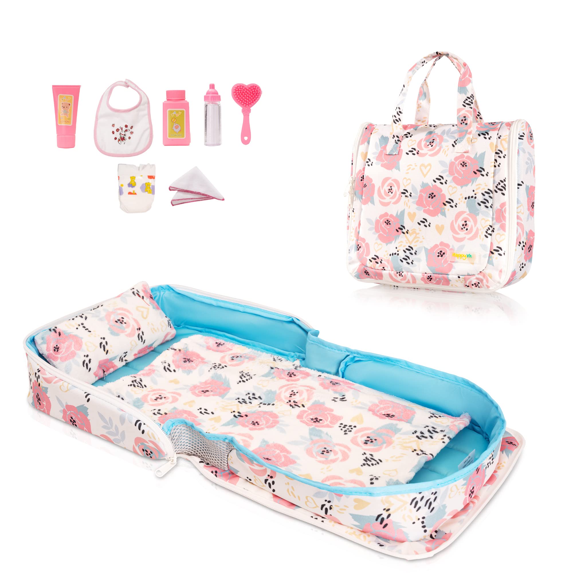 HappyVk - Baby Doll Bed Set- Portable Bassinet for Dolls up to 53 cm - Handbag for Girl - Includes Blanket, Pillow, and 7 Doll Accessories - Pink Roses
