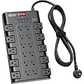 SUPERDANNY Surge Protector Power Bar with 6 USB Charging Ports, Mountable Flat Plug Power Strip, 22 Widely-Spaced Outlets, 21
