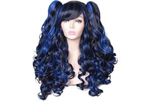ColorGround Long Curly Multi-Color Cosplay Wig with 2 Ponytails(Black with Blue)