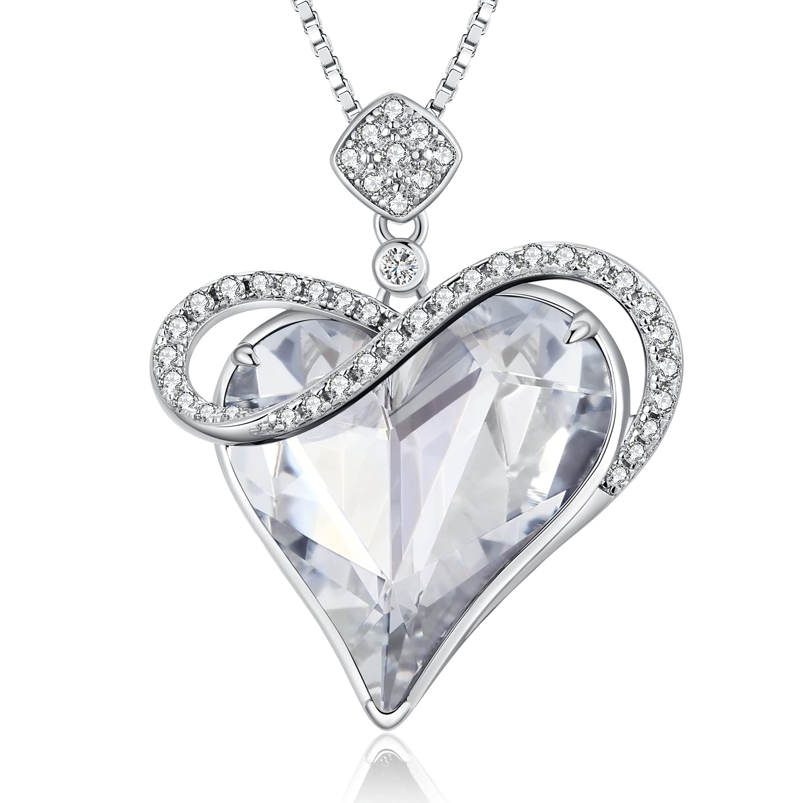 Love Heart Necklaces, Love Heart Pendant Necklace for Women Silver Crystal Necklace Women Silver Tone Crystal Birthstone Necklace CZ Diamond Necklace White Crystal Pendant Necklace for Girlfriend Mom
