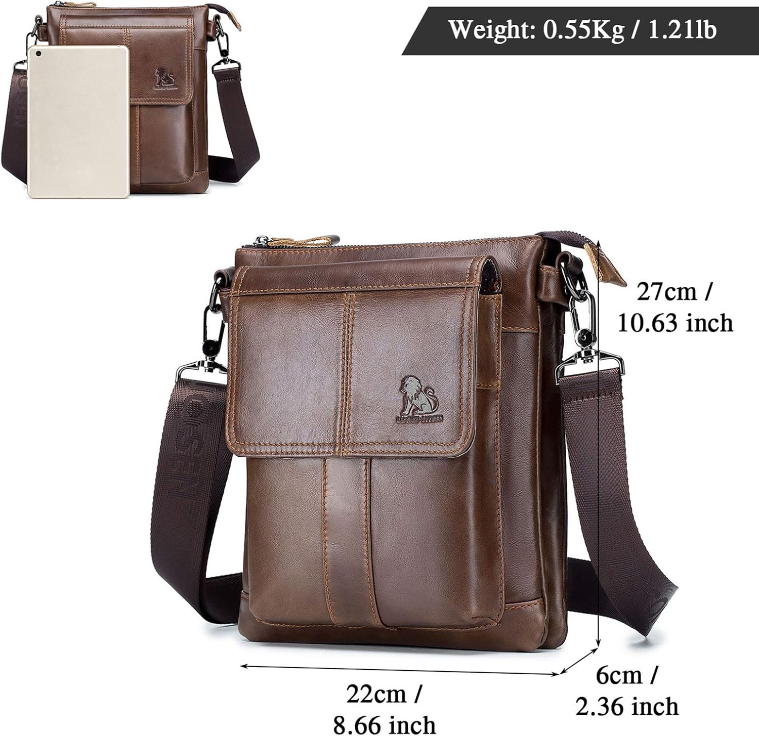 BAIGIO Men's Leather Shoulder Bag Retro Crossbody Pack Brown Messenger Satchel Bag Casual Travel Bags for Phone Wallet Keys Passport Glasses - Image 4