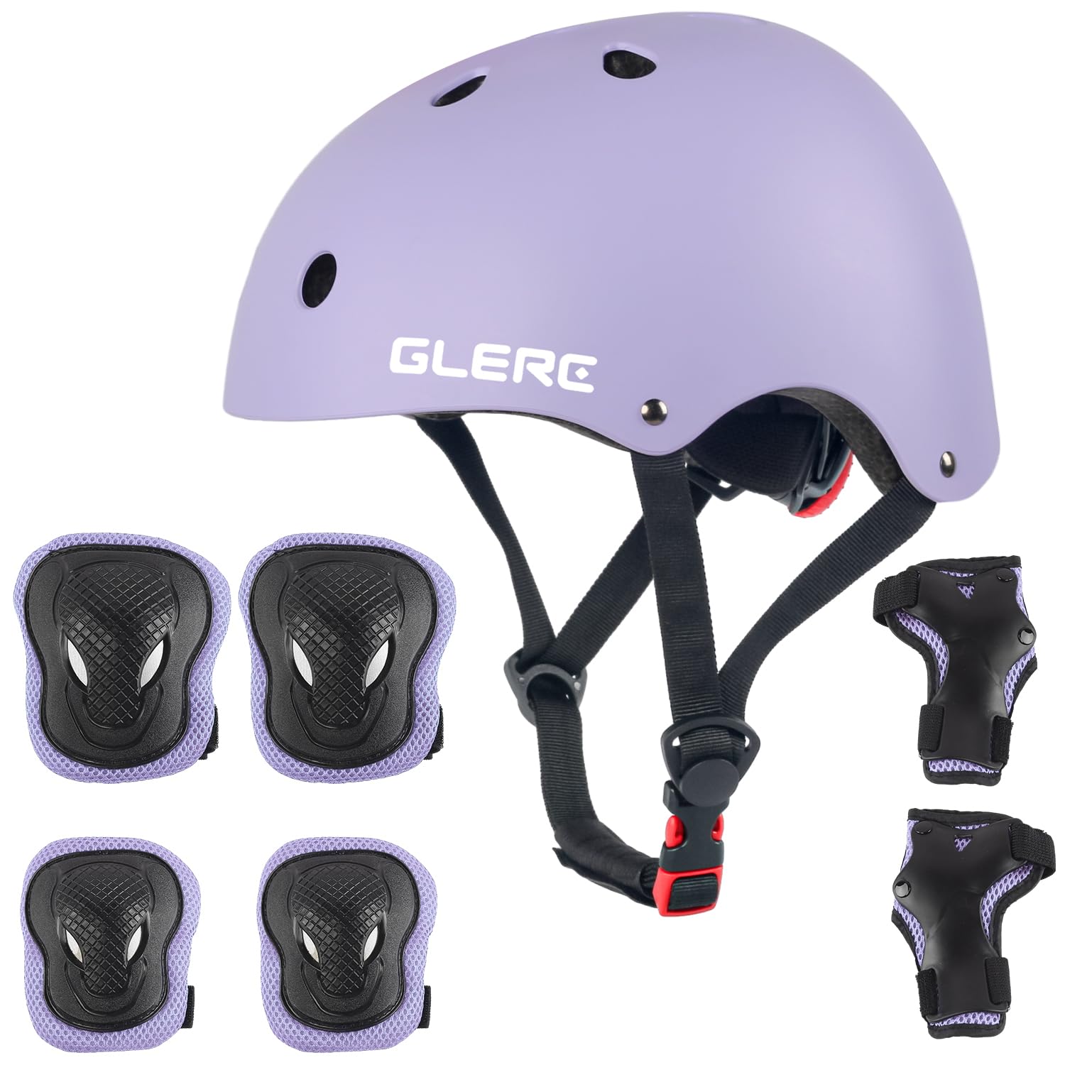 Glerc Kids Helmet Protective Gear Set, Knee Elbow Wrist Pads for Over 8 Years Old Boys Girls, Adjustable Skateboard Helmet Multi-Sportsfor Skateboard Roller Cycling Skating, Size M,Purple