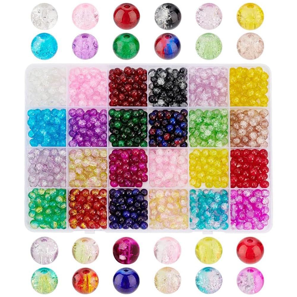 PH PandaHall 1080pcs Crackle Glass Beads, 24 Colors Crystal Bead 6mm Round Loose Beads Colorful Bracelet Bead for Jewellery Making Summer Bracelet Necklaces DIY Craft