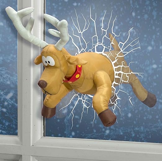 Animated Novelty Reindeer Breaking Through a Window Christmas Display