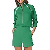 SENSERISE Womens Long Sleeve Romper One Piece Jumpsuits Mock Neck Wide Leg Shorts Fall Outfits with Zipper & Pockets