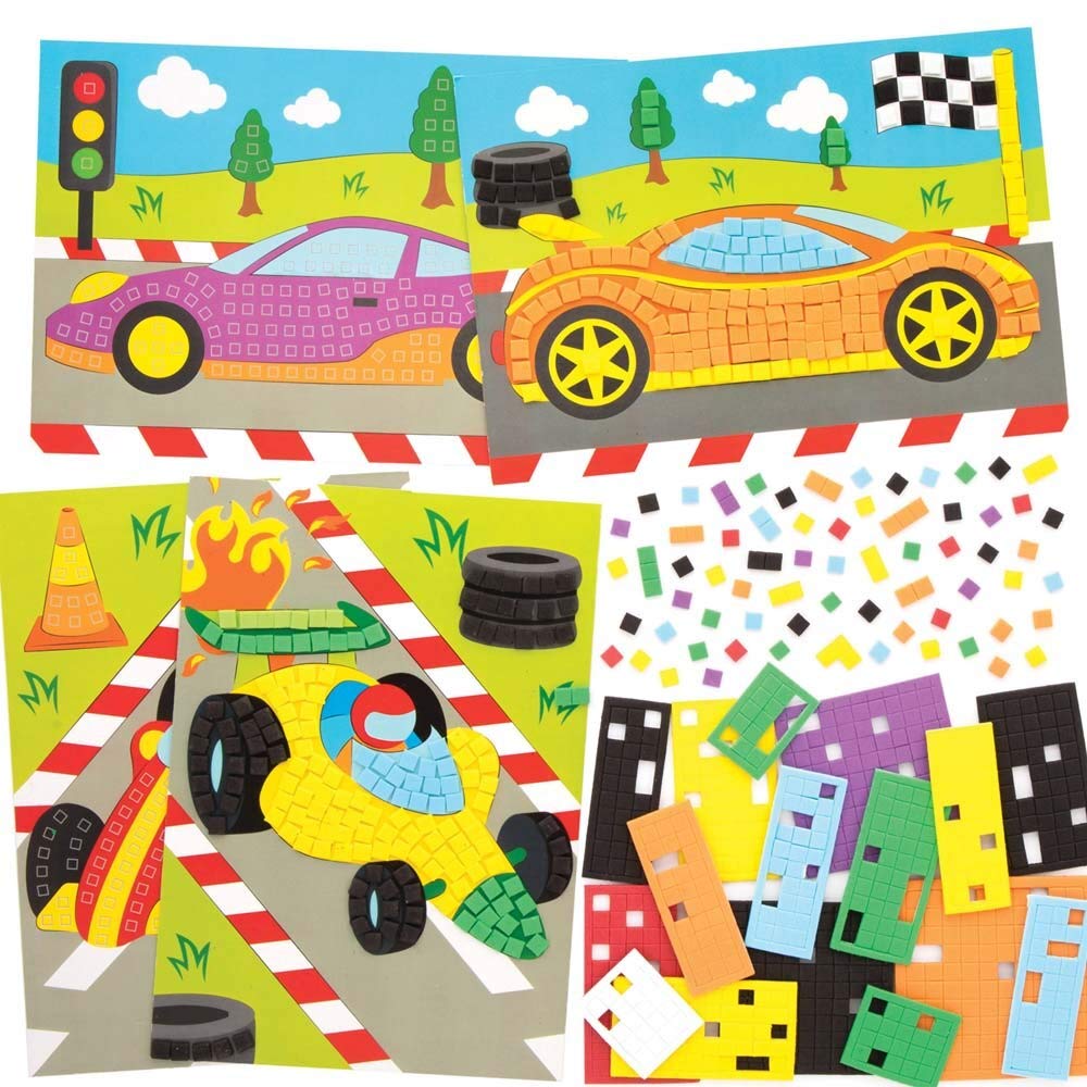 Baker Ross FE612 Racing Car Mosaic Picture Kits - Pack of 4, Mosaic Tiles Arts and Crafts, Mosaic Kits for Children, Creative Activities for Kids