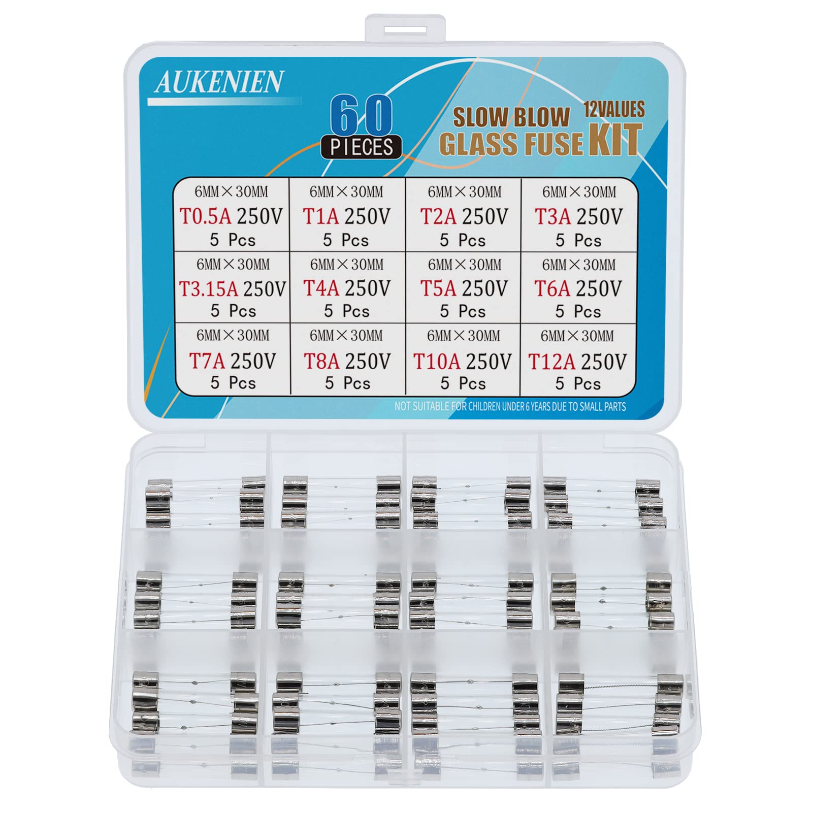 AUKENIEN 12 Values 60pcs 6x30mm Slow Blow Glass Cartridge Fuse Assortment Kit 250V 0.5A 1A 2A 3A 3.15A 4A 5A 6A 7A 8A 10A 12A T 0.5 1 2 3 3.15 4 5 6 7 8 10 12 Amp Time Delay Fuses assorted