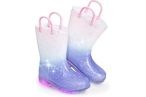 EUXTERPA Toddler Kids Glitter Light Up Waterproof Rain Boots for Girls Sparkle Rainbow Rain Shoes with Easy On Handles