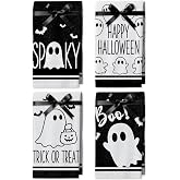 Halloween Kitchen Towels Set With Ghost Prints, 4 Pack Towels 18 x 26 in | Skin-friendly,Soft and Absorbent Halloween Hand Towels,Suitable for use in bathrooms and kitchens,Suitable as a gift