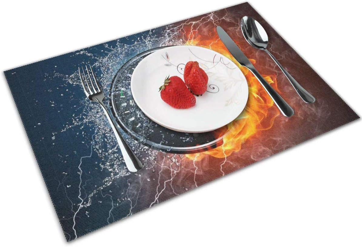 MNBVC Fire and Water Dashboard Placemats Set of 4 for Dining Table Washable Woven Vinyl Placemat Non-Slip Heat Resistant Kitchen Table Mats Easy to Clean