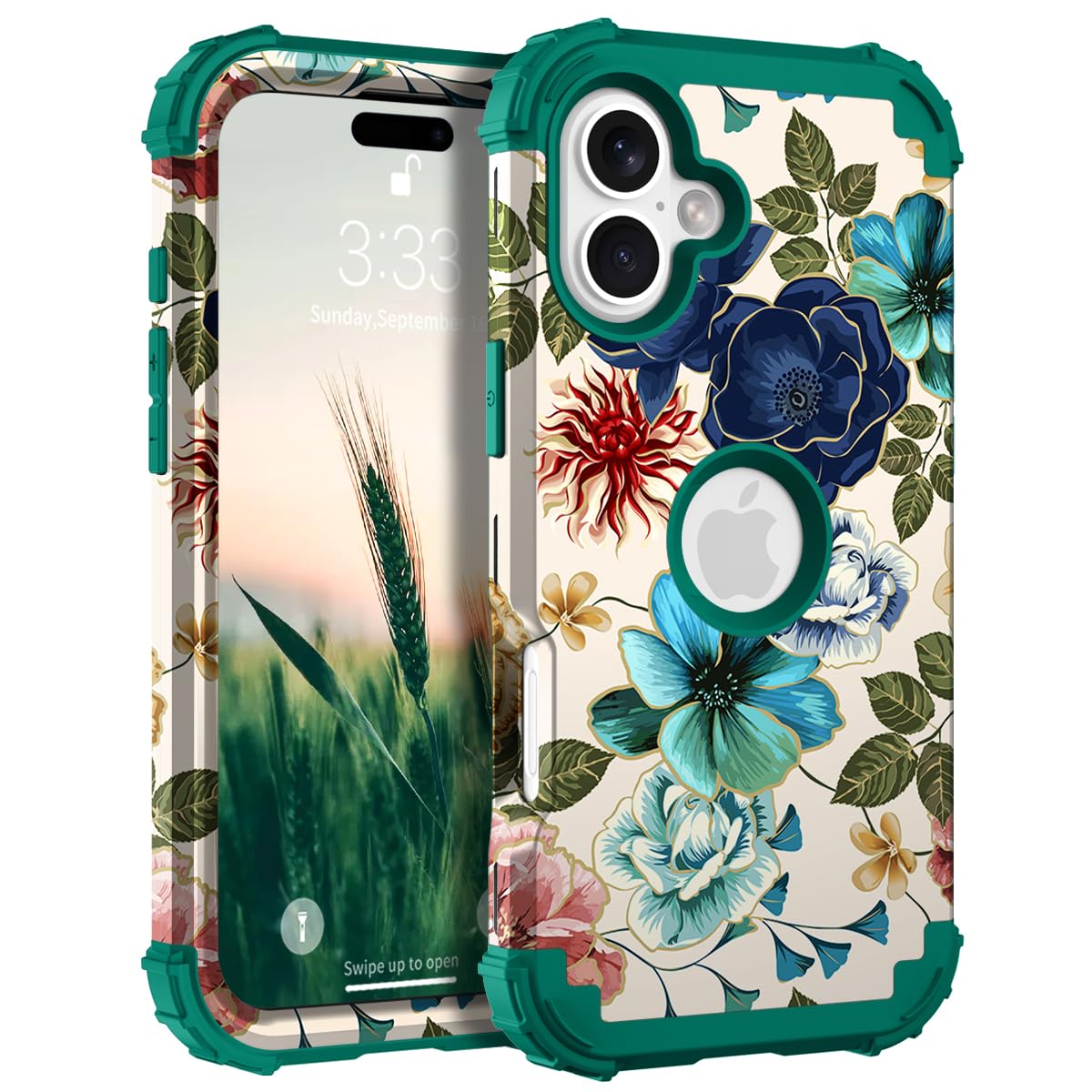 Photo 1 of Hocase for iPhone 16 Case 6.1", Heavy Duty Shockproof Protection Soft Silicone Rubber+Hard Plastic Bumpers Hybrid Protective Case for iPhone 16 2024 - Teal Flowers