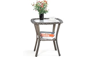 Joyside 20”x20”x22” Wicker Outdoor Side Table - Patio Coffee Table with 5” Tempered Glass & Convenient Storage Shelf Ideal for Patio Furniture Set, Brown