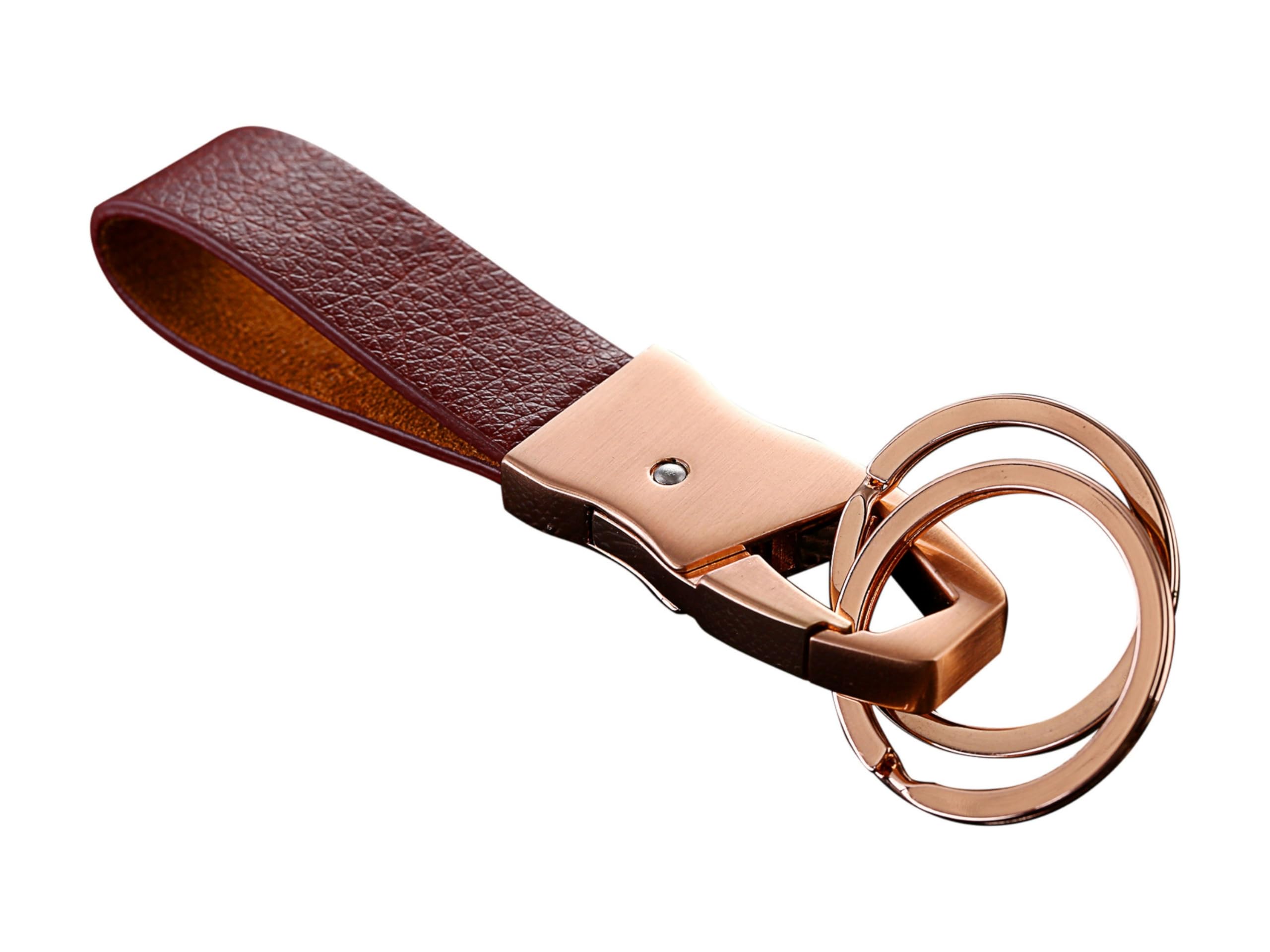 Cerbery® | Elegant leather keyring with rings and gift box | Keychain keychain key holder keyring car photo engraving ring | Ladies Men | Gift (Gold)