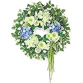 26" Hydrangea & Eucalyptus Wreath for Front Door, Porch, Window - Large Artificial Silk Flowers Outdoor Wreath for Home, Farmhouse, Wedding Decor - Spring, Summer, All Seasons (White&Purple)