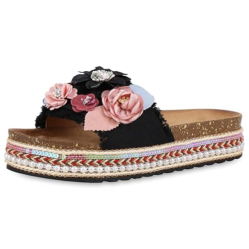 SCARPE VITA Damen Sandaletten Pantoletten mit Plateauabsatz Blumen Pailletten