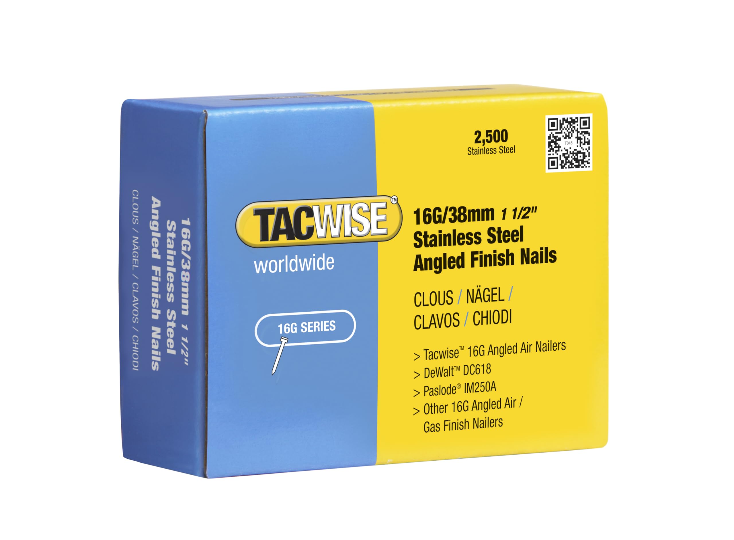 Tacwise 1223 Type 16G / 38 mm Stainless Steel Angled Finish Nails, 20° Inclined, Pack of 2500