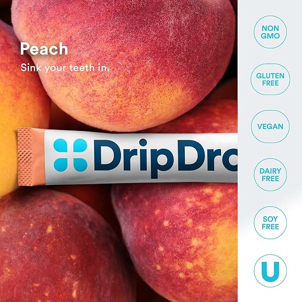 DRIPDROP SUGAR FREE HYDRATION PACKETS – ZERO PEACH – SINGLE SERVE ELECTROLYTES POWDER DRINK MIX – NON-GMO, GLUTEN FREE, VEGAN – 32 STICKS